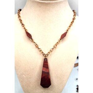 Vintage Necklace With Wood Carved Pendant & Bakelite Floating Beads On Gold Tone